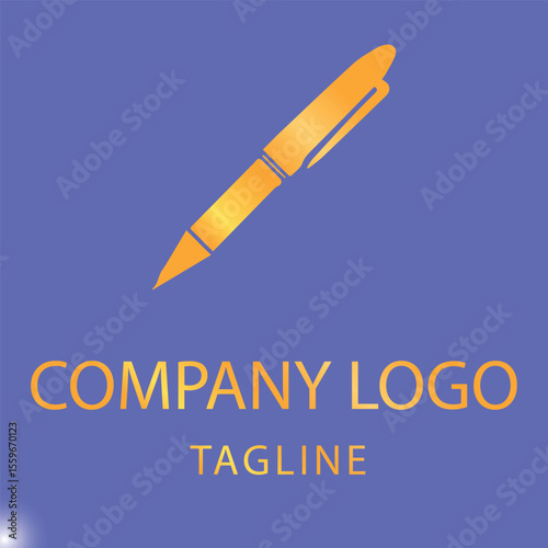Gold pen logo design on a vibrant blue background. Simple, stylized pen graphic in a diagonal position with company logo and tagline below.