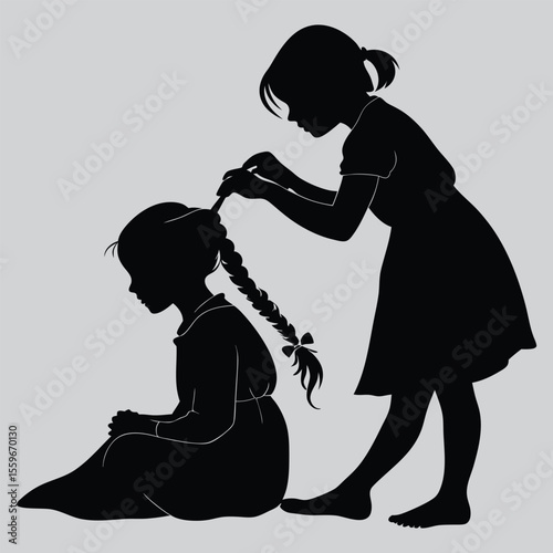 Girl braiding another girl’s hair silhouette vector design art and illustration