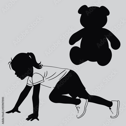 Girl crawling with teddy bear silhouette vector design art and illustration