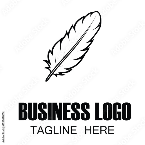Simple feather logo design in black and white. Modern logo with text for a business with a tagline placeholder.
