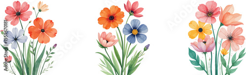 Watercolor Floral Bouquets: Delicate Flower Arrangements with Vibrant Petals and Lush Greenery on White                                               