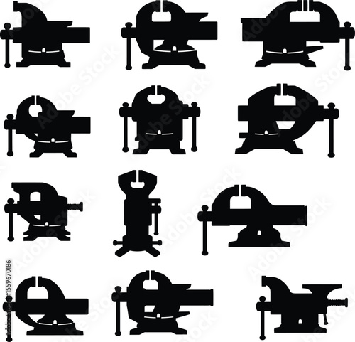Robust Bench Vise Vector Silhouettes Collection. Essential Workshop, Industrial, & Metalworking Tool Icons. Clamping Equipment for Crafting and DIY Projects.
