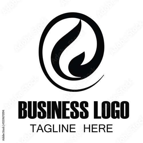 Abstract logo design featuring a stylized flame or leaf shape within a circle. Modern logo for a business. Clean design with bold typography.