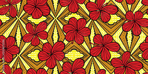 African  red hibiscus flower ethnic traditional  pattern. seamless beautiful Kitenge, chitenge, Ankara style. fashion design. Geometric floral motif. Red Floral Ankara prints, African wax prints