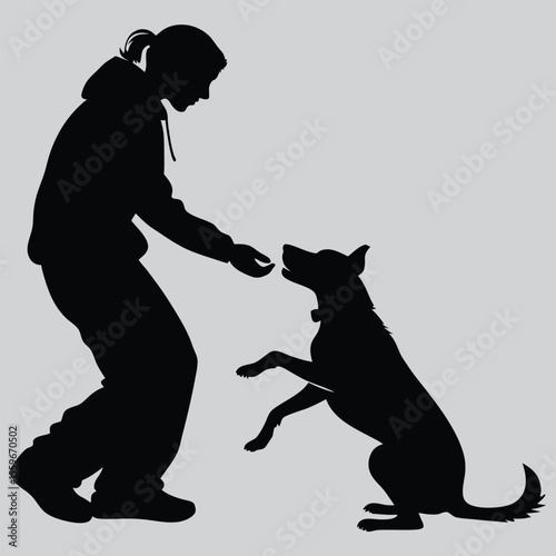 Person kneeling to pet a dog silhouette vector design art and illustration