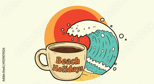 Vintage summer vacation vector illustration: coffee and waves in retro style