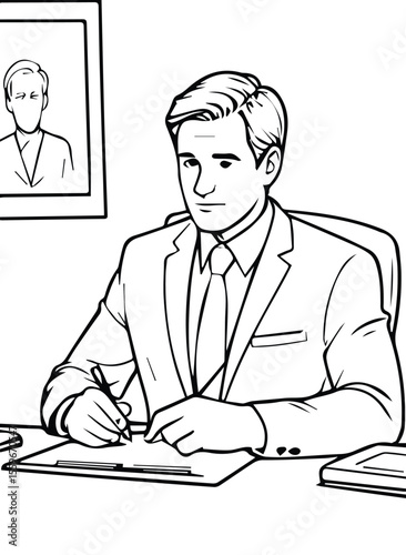 Businessman in formal attire signing documents in an office setting. Mid adult male executive completing paperwork at his desk.