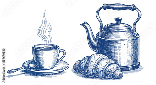 Vintage tea time vector illustration for café and kitchen decor in hand drawn style