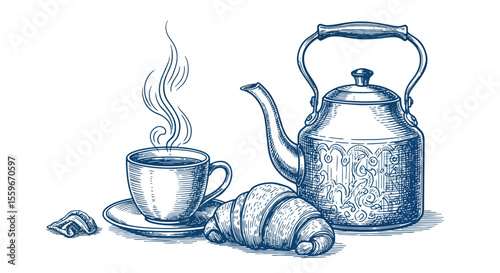 Vintage tea time vector illustration: classic breakfast theme, design for print, card, poster, hand drawn style