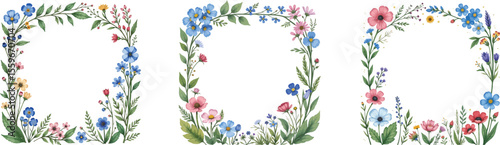 Floral Frame Watercolor Illustration: Three Unique Square Borders with Colorful Flowers on White Background.                                          