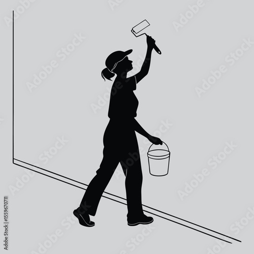 Woman painting a wall with brush silhouette vector design art and illustration