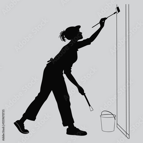 Woman painting a wall with brush silhouette vector design art and illustration