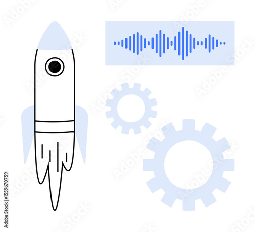 Rocket with trail, soundwave graphic, and cogs symbolizing innovation, technology, systems, and growth. Ideal for progress, modernity creativity teamwork technology startup solutions. Clean