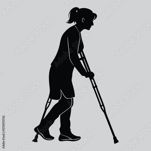 Woman using crutches silhouette vector design art and illustration