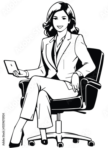 Female executive in business attire seated in office chair, holding digital tablet. Professional woman in a modern office setting. Female executive in office chair with tablet -