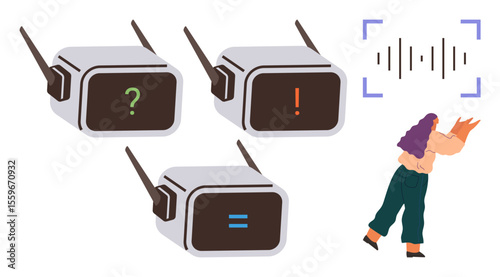 Three robots with query, exclamation, and equals signs, soundwave graphics representing voice recognition. Human figure in contemplation. Ideal for AI, robotics, sound processing, human-machine