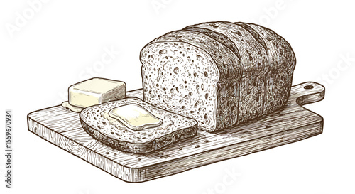 Rustic bread and butter vector illustration: vintage hand drawn design for kitchen decor