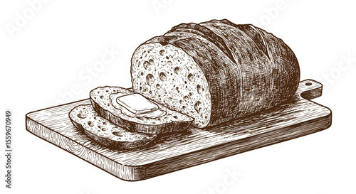 Rustic bread on wooden board vector illustration - perfect for recipe books and kitchen decor