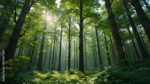 Sunlit Forest Canopy: A Tranquil Walk Through Towering Trees and Lush Greenery