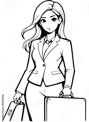 Female business professional in a suit carrying a briefcase in a professional setting. Confident and poised female executive with a briefcase, ready for a business meeting or travel.