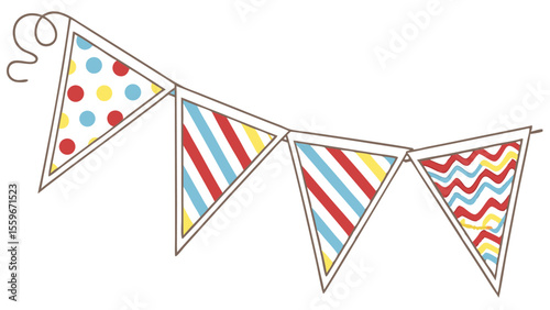 Festive bunting flags with polka dots stripes and wavy patterns in red blue and yellow perfect for celebrations and parties