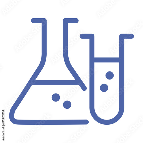 Illustration of laboratory glassware with liquid and bubbles in blue outline on white background