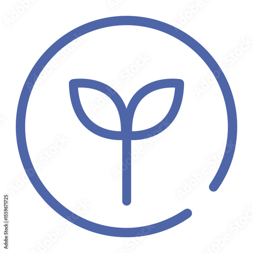 Simple line drawing of a plant with two leaves inside a circle in blue color on a white background