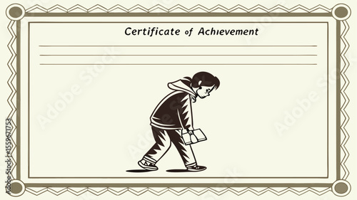 A child with a book walks with a dejected expression across a certificate of achievement with blank lines for text