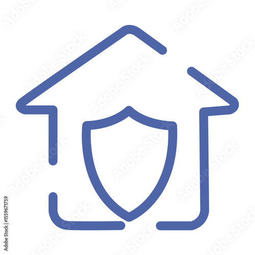 Blue outline of a house with a shield inside representing home security and protection concept icon