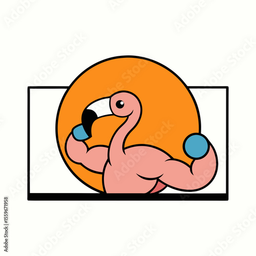  flamingo flexing one wing while holding a dumbbell with the other