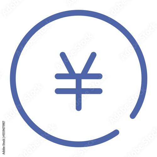 Yen symbol inside of a circle with a break in the lower right side of the circle in blue color