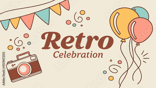 A vintage illustration of a retro celebration with colorful bunting balloons confetti and a classic camera evoking a nostalgic party atmosphere