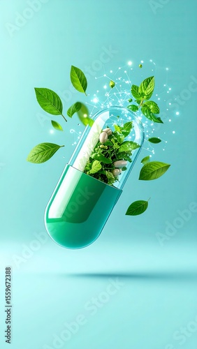 Green capsule with herbs and leaves floating against a bright turquoise background
