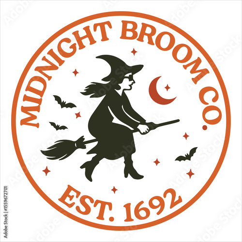 Midnight Broom Co Est 1692 - trending halloween illustration, ghost halloween quotes typography t-shirt, spooky witch halloween desing sublimation
