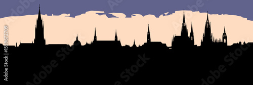 Silhouette of Munich city skyline with iconic spires and towers at sunset minimalist black vector design flat style illustration
