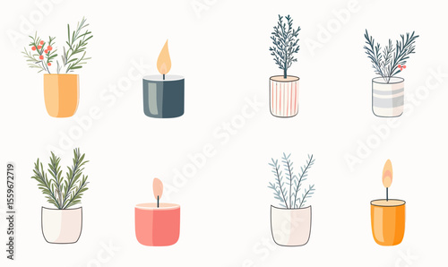 Minimalist flat design set of aromatic candles and potted plants with green foliage and small berries in modern pastel color pots for home decoration and cozy atmosphere