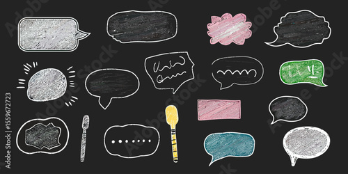Set of colorful chalk hand drawn speech bubbles and thought clouds on blackboard background with various shapes and doodle style outlines for communication and expression design