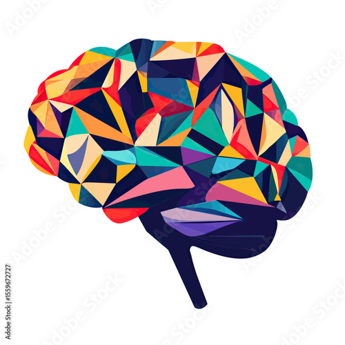 Abstract colorful polygonal brain illustration with geometric shapes and vibrant flat design representing creativity and intelligence concepts for modern science and technology visualization