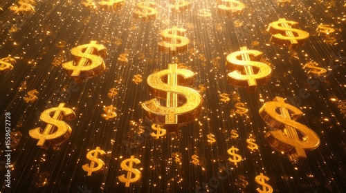Golden dollar signs raining down on dark background