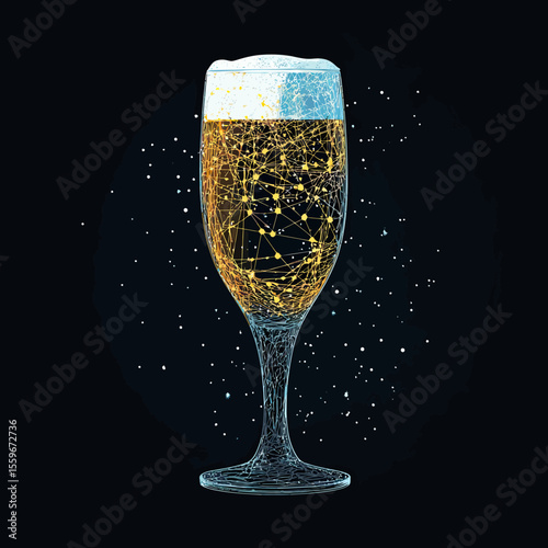 Abstract digital wireframe of a beer glass filled with golden liquid and foam composed of interconnected points and lines against a dark starry background