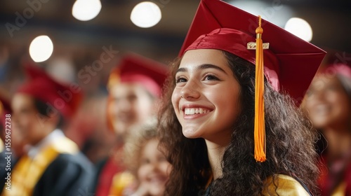 Smiling Graduate In Red Cap And Gown Celebrating At Ceremony With Blurred Background