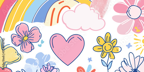 Cute hand drawn pink heart yellow flower rainbow cloud childish doodle sketch vector illustration colorful playful design elements background