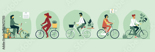 Diverse business people commuting on bicycles in sustainable city environment with plants and eco friendly lifestyle concepts flat vector illustration