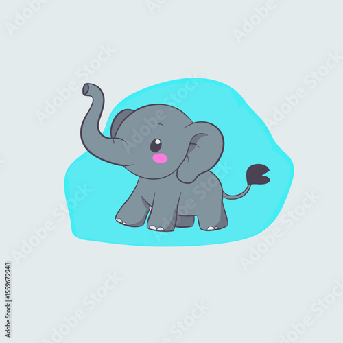 Cute cartoon baby elephant with raised trunk and pink cheeks on blue background simple vector illustration for children design and animal themes