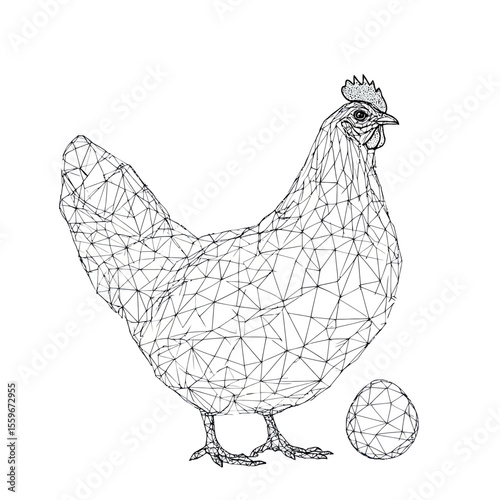 Low poly wireframe chicken and egg vector illustration with geometric polygonal lines and nodes on white background minimalistic animal food design