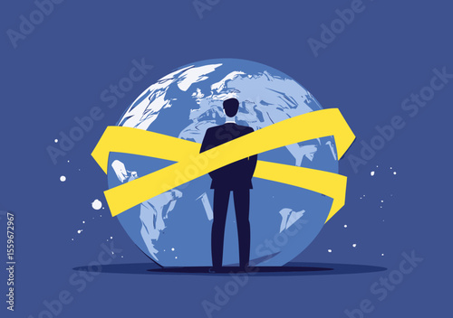 Businessman standing with back to viewer in front of large globe wrapped with yellow restricted tape symbolizing global sanctions and trade restrictions concept in flat vector style