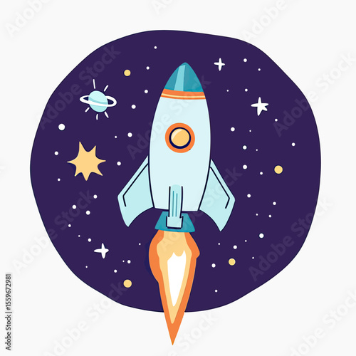 Cartoon rocket ship flying through space with planets stars and cosmic elements colorful flat minimalist vector illustration for kids science technology exploration concept
