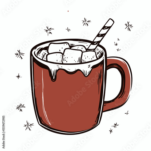 Hand drawn red mug filled with hot chocolate topped with marshmallows and striped straw surrounded by snowflakes winter holiday cozy drink illustration vector