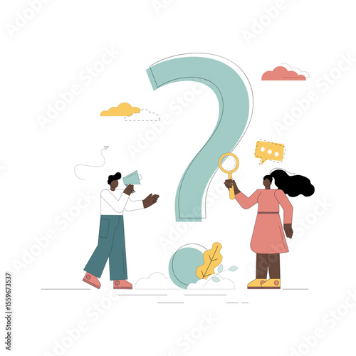 Question. Finding a solution, a way out. Little people solve a question and look for an answer.eps