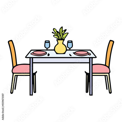 Dining table with two chairs and place settings in a colorful interior design. A formal, two-person dining set up with pastel colored furniture and decorations.